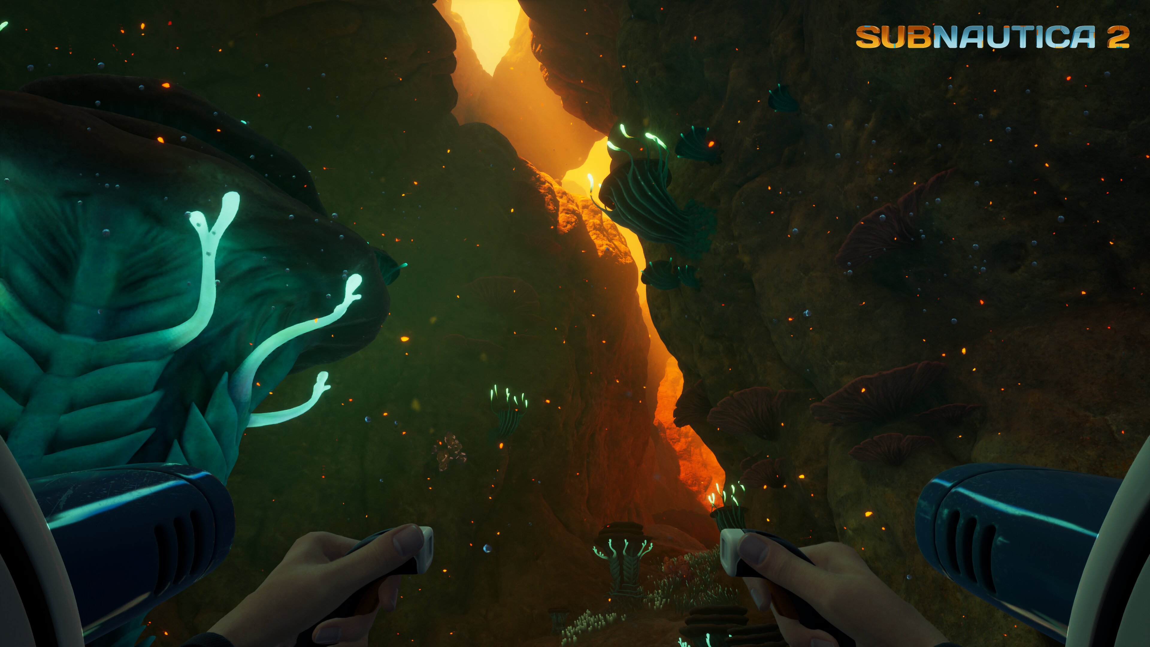 Subnautica 2 gameplay showing a map-focused dark-water crop with heavier risk and visibility pressure.