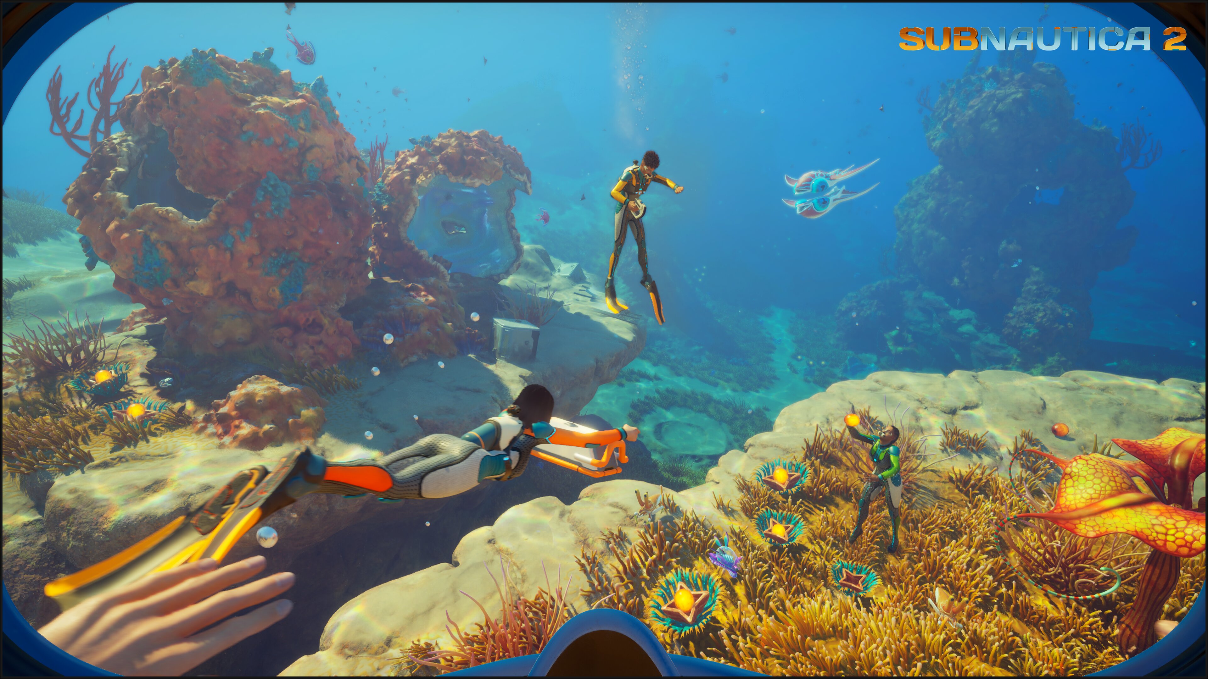 Subnautica 2 guide image showing a co-op session where a specific shared-progress or role question is likely.